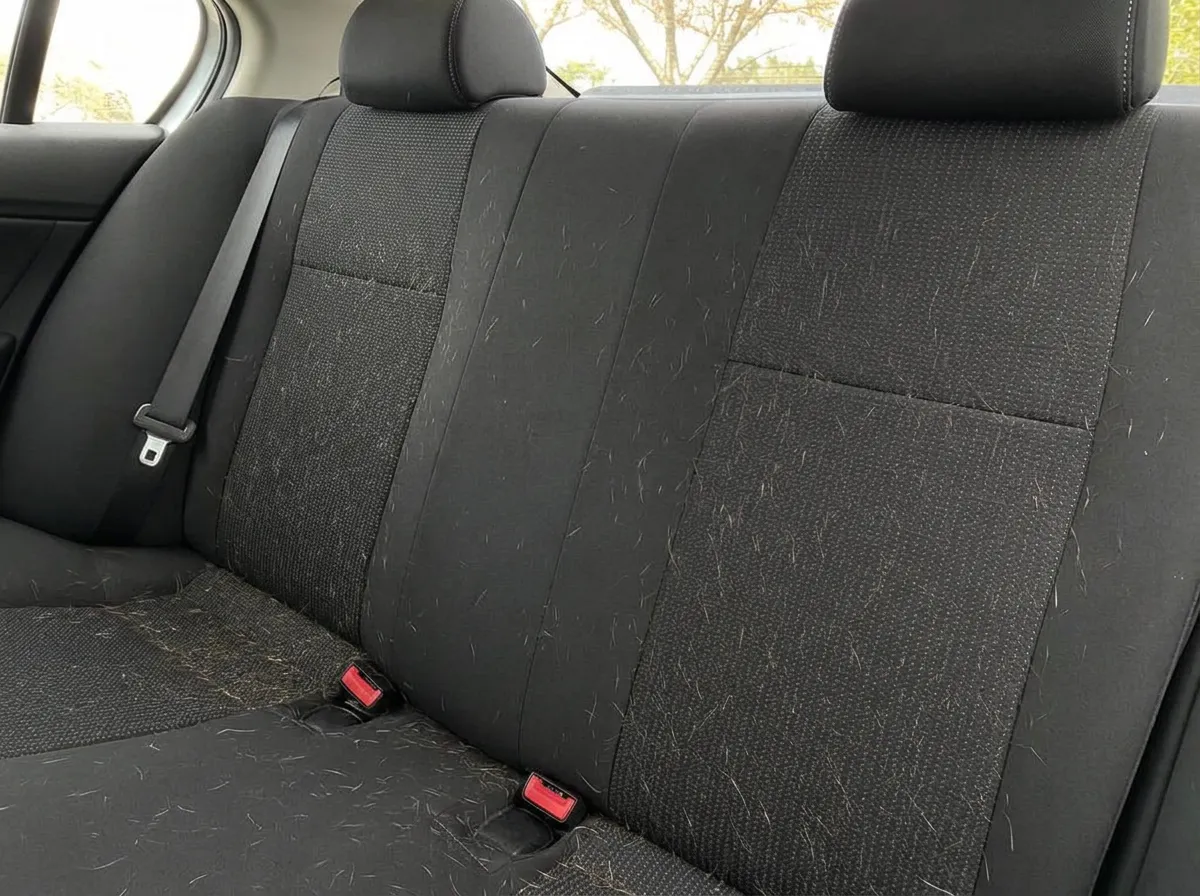 Car seat before using the Puravetta mitt — covered in pet hair