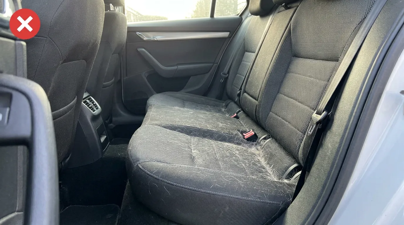 Car seat before using the Puravetta mitt — covered in pet hair