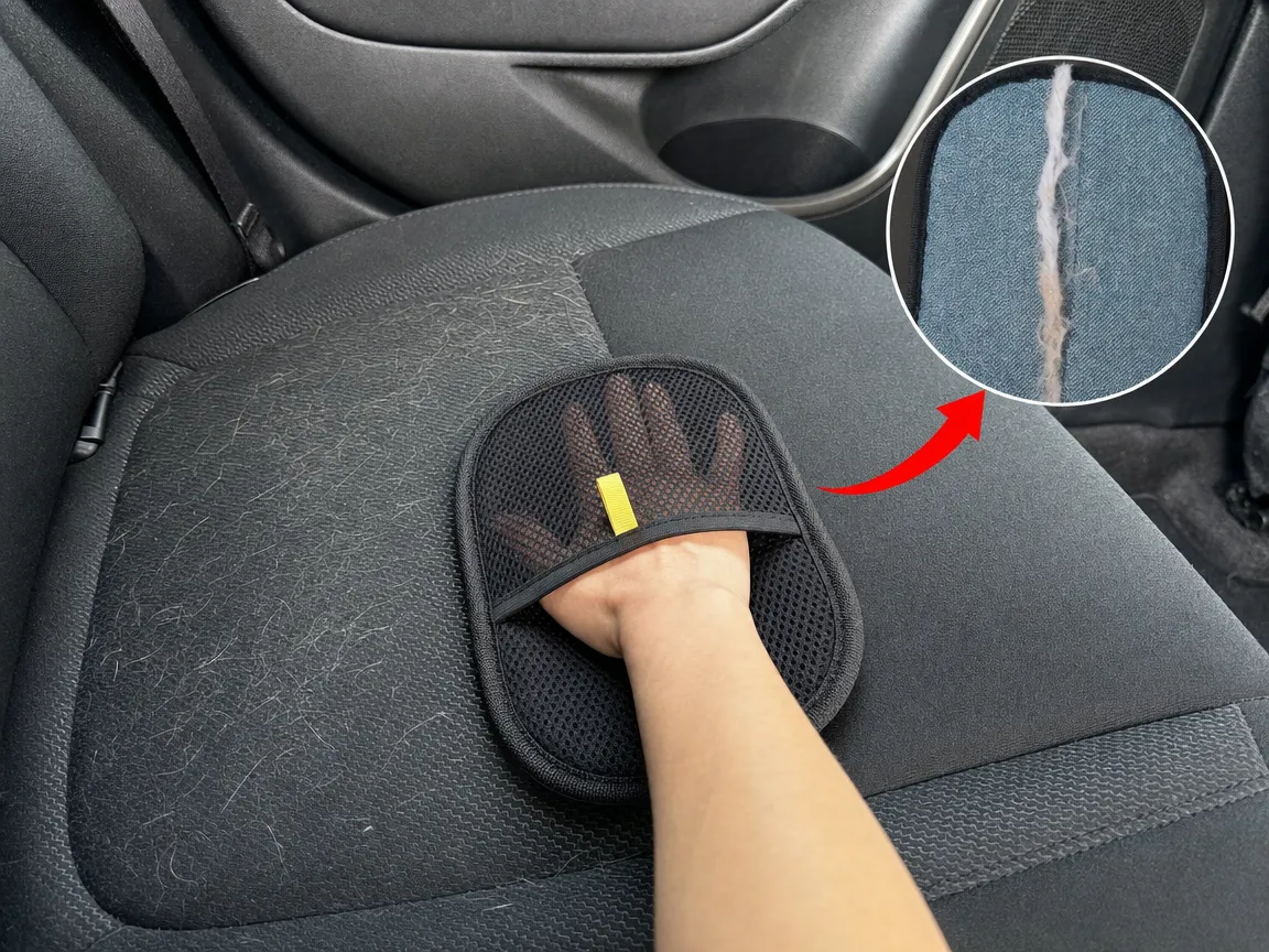 Close-up of the mitt mid-swipe on a car seat backrest, mesh back and yellow tab up, pale hair gathering at its lower edge.
