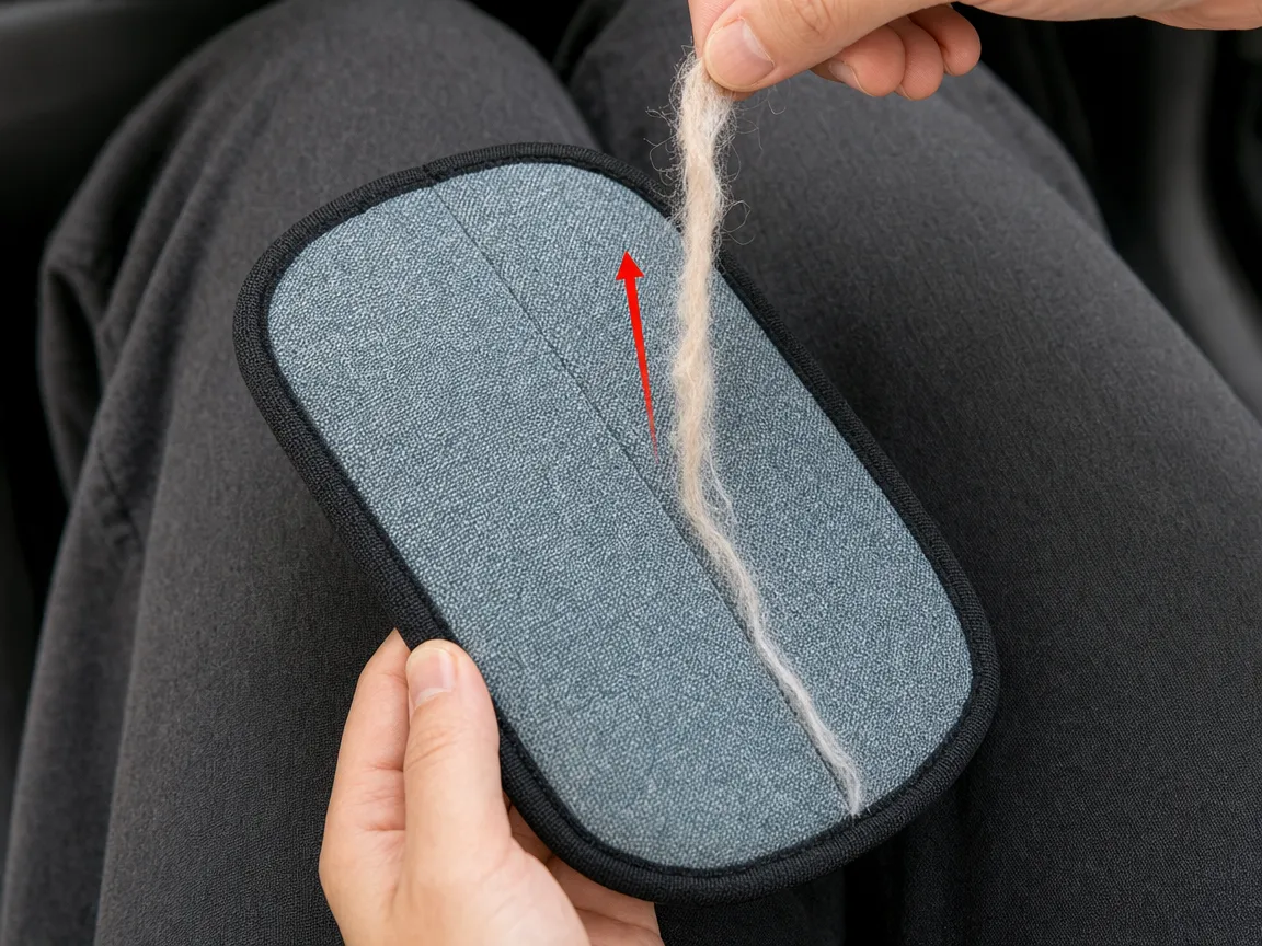 Two fingers hold a lifted clump of pet hair over an open trash can; the mitt's gray brushed side below is clean.