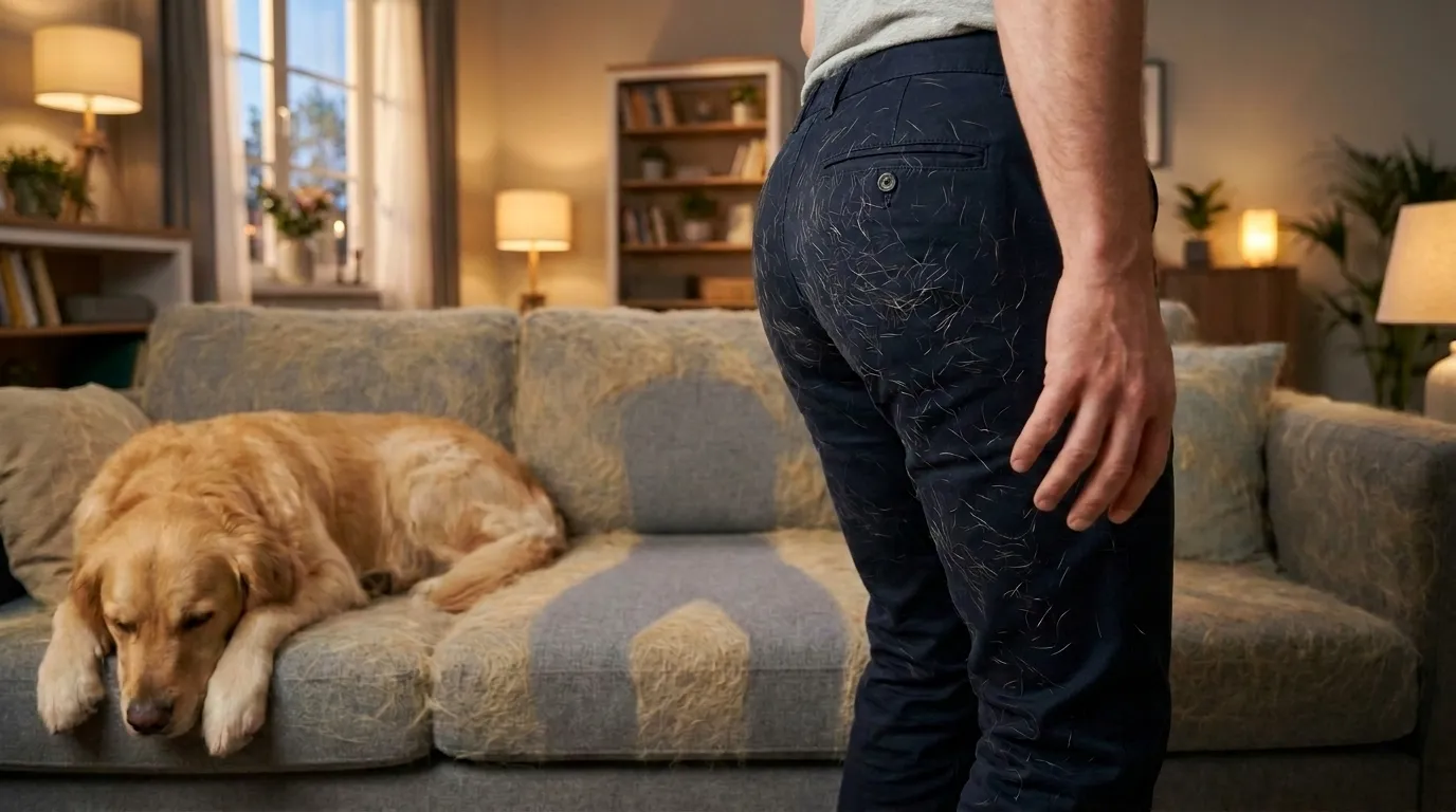 A guest stands up from a hair-covered sofa — their dark pants coated in golden dog hair, a clean hair-free silhouette left on the cushion where they sat; a golden retriever dozes at the far end.