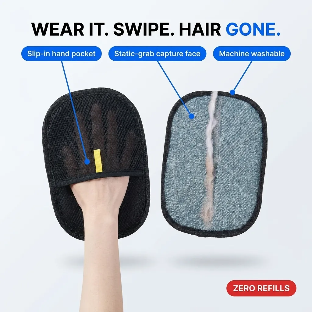 Puravetta mitt — wear it, swipe, hair gone — feature callouts