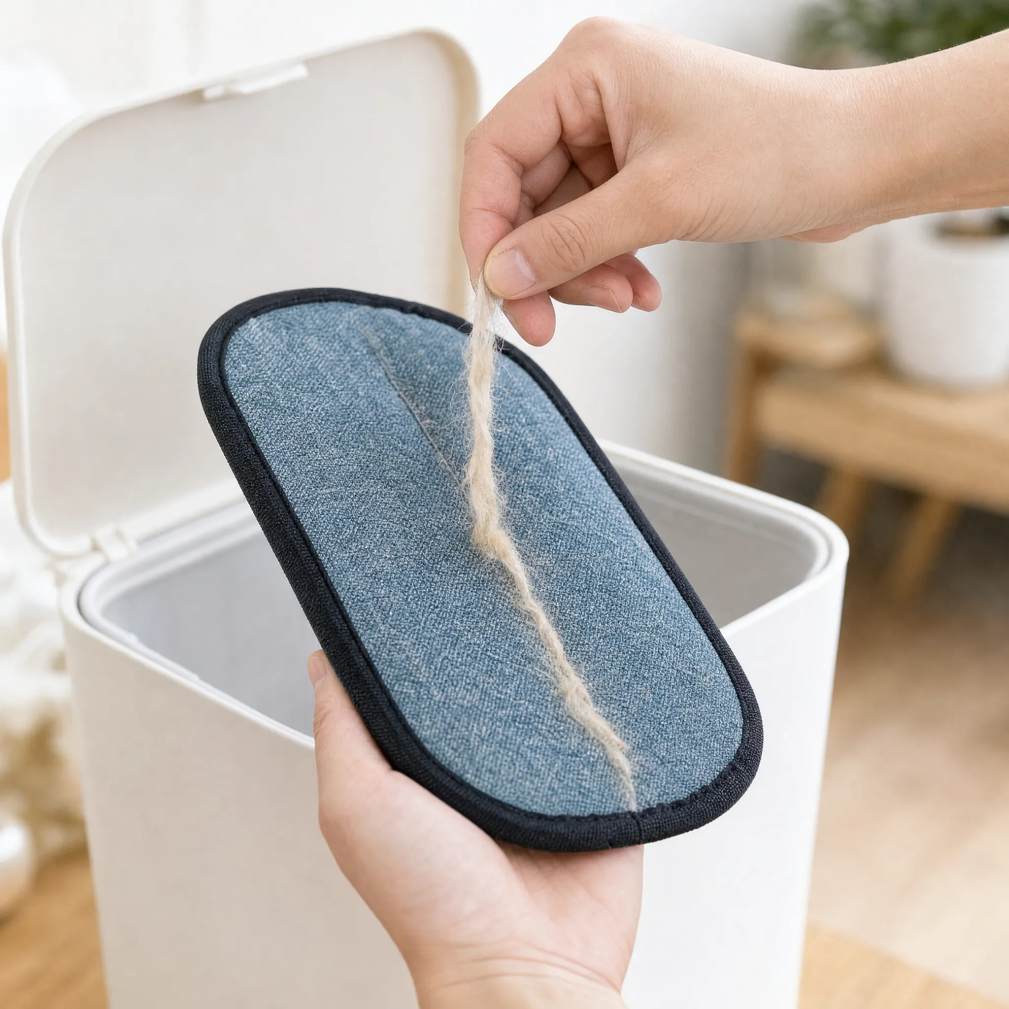 Hair peeling off the mitt in one clump over a bin