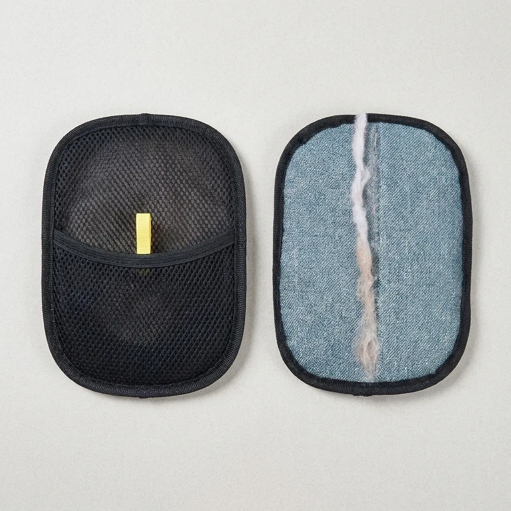The Puravetta mitt's two sides shown side by side: the black mesh back with yellow tab and elastic pocket, and the gray brushed side with a clump of collected hair on it.