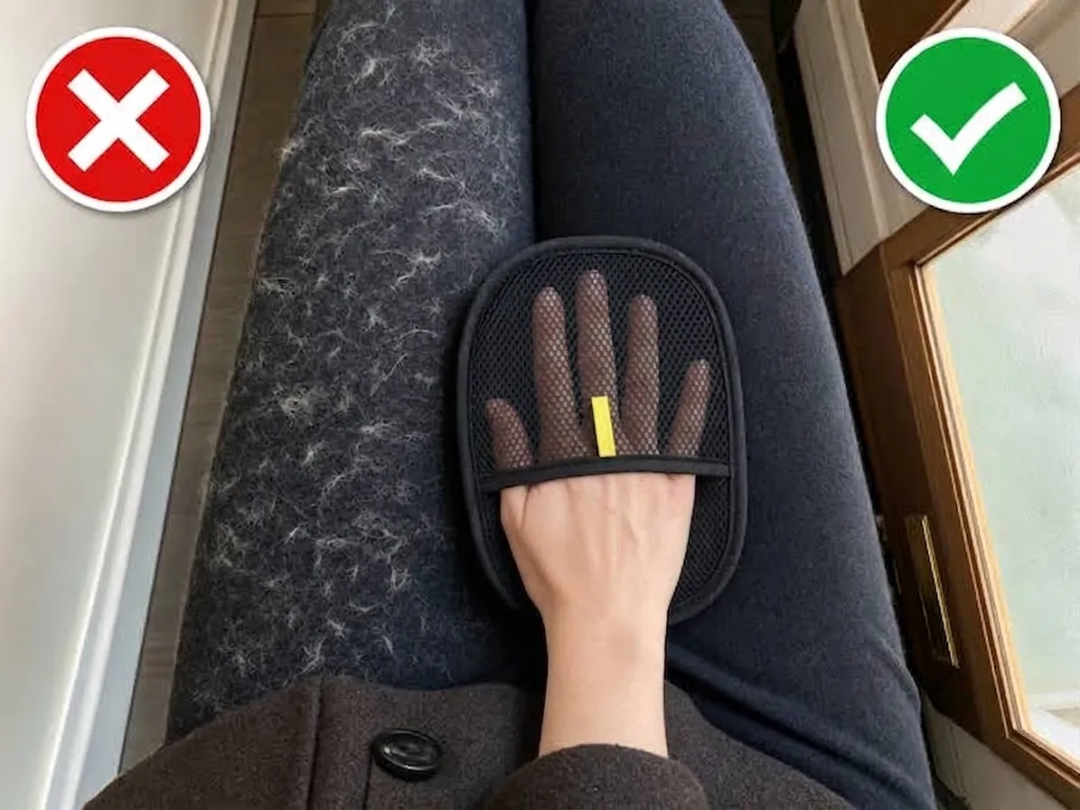 Black pants by a doorway seen from above: the upper half swiped clean, the lower half covered in fine pale hair, the mitt mid-swipe at the boundary, mesh back and yellow tab up.